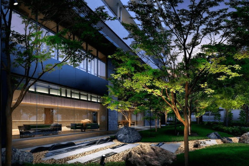 ファイル:Brillia（ブリリア） Tower 浜離宮 北西側ガーデン（公開空地）＆エントランスラウンジ完成予想図.png