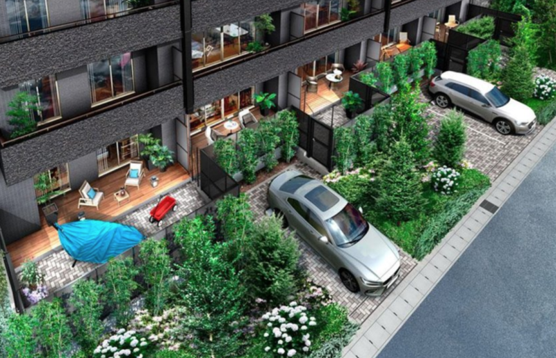 ファイル:レーベン宇都宮元今泉GRANXE 1F住戸専用テラス・専用駐車場完成予想CG.png