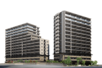 ブライトクロス博多　外観完成予想図（左：SOUTH・右：EAST）