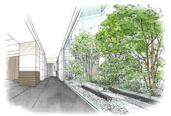 イニシア練馬北町アベニュー　エントランスホール、中庭イメージイラスト