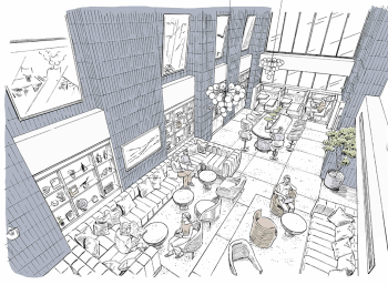 デュフレ横浜石川町（THE LIGHTHOUSE）　THE LOBBY & CO-WORKING LOUNGE 完成予想スケッチ