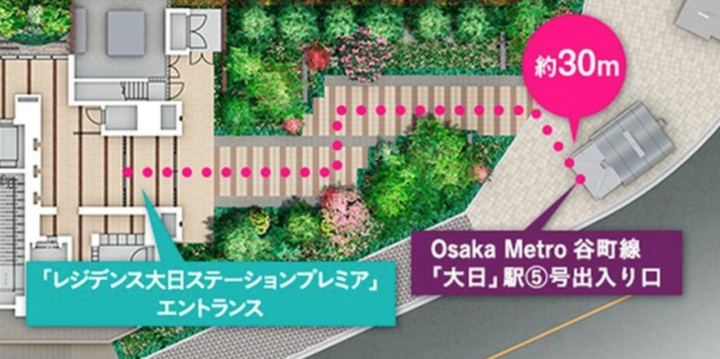 ファイル:レジデンス大日ステーションプレミア エントランスからOsaka Metro谷町線「大日」駅出入口へ約30m.png